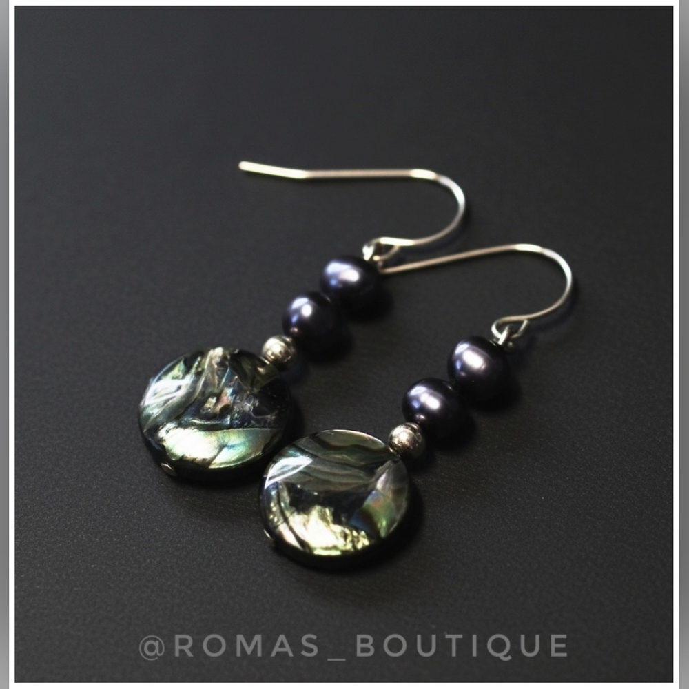 Leach & Garner 14k gold abalone and peacock Dangle Hook Earrings